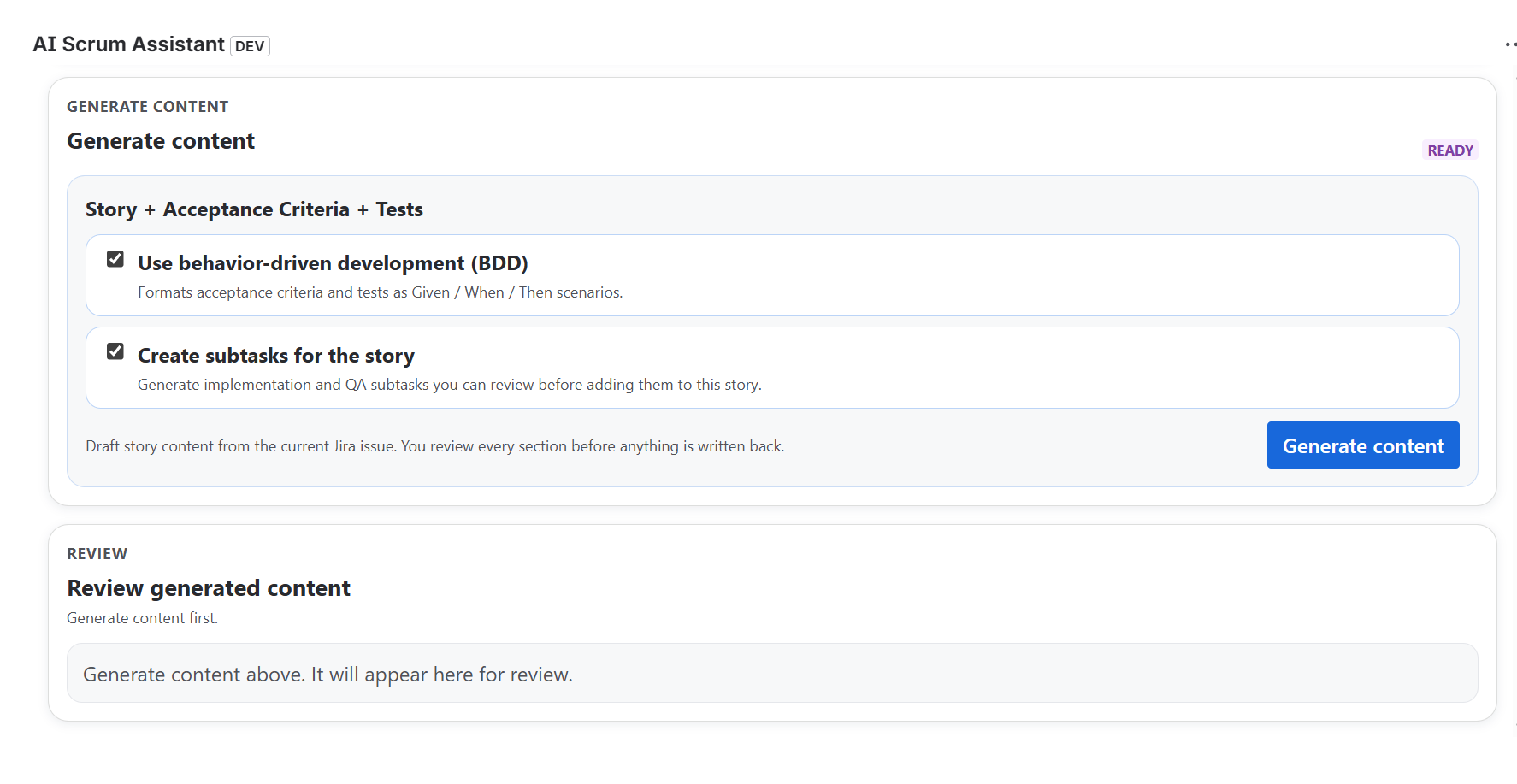 AI Scrum Assistant generate content panel with BDD and create subtasks options enabled.