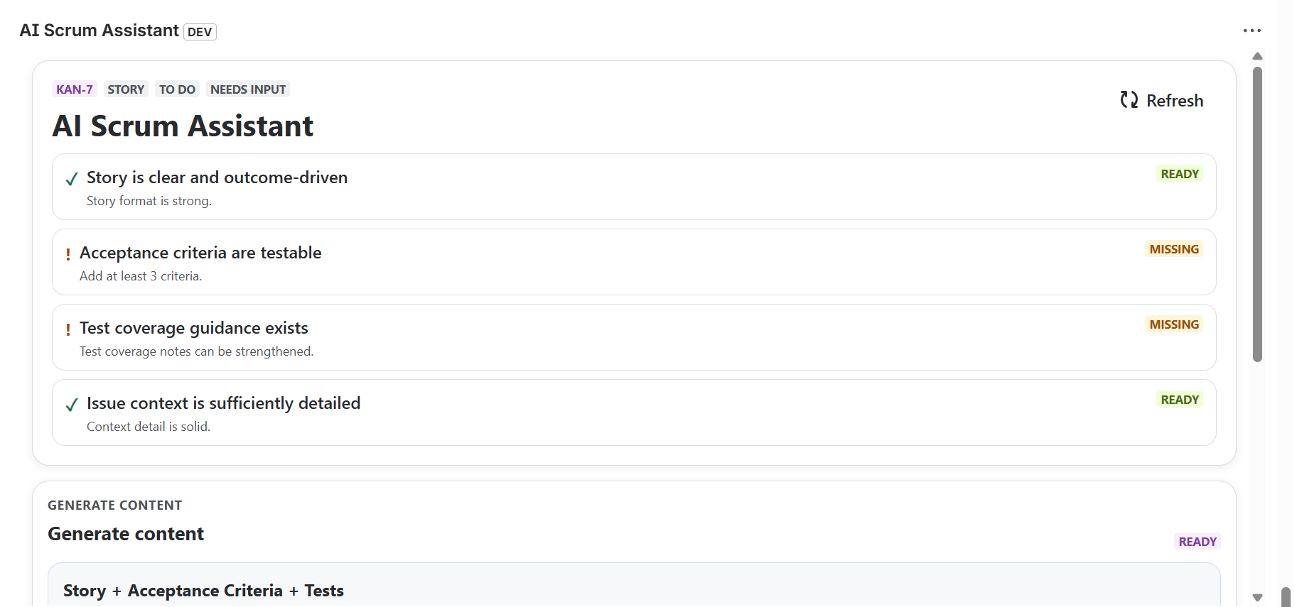 AI Scrum Assistant readiness checklist showing ready and missing criteria before generation.