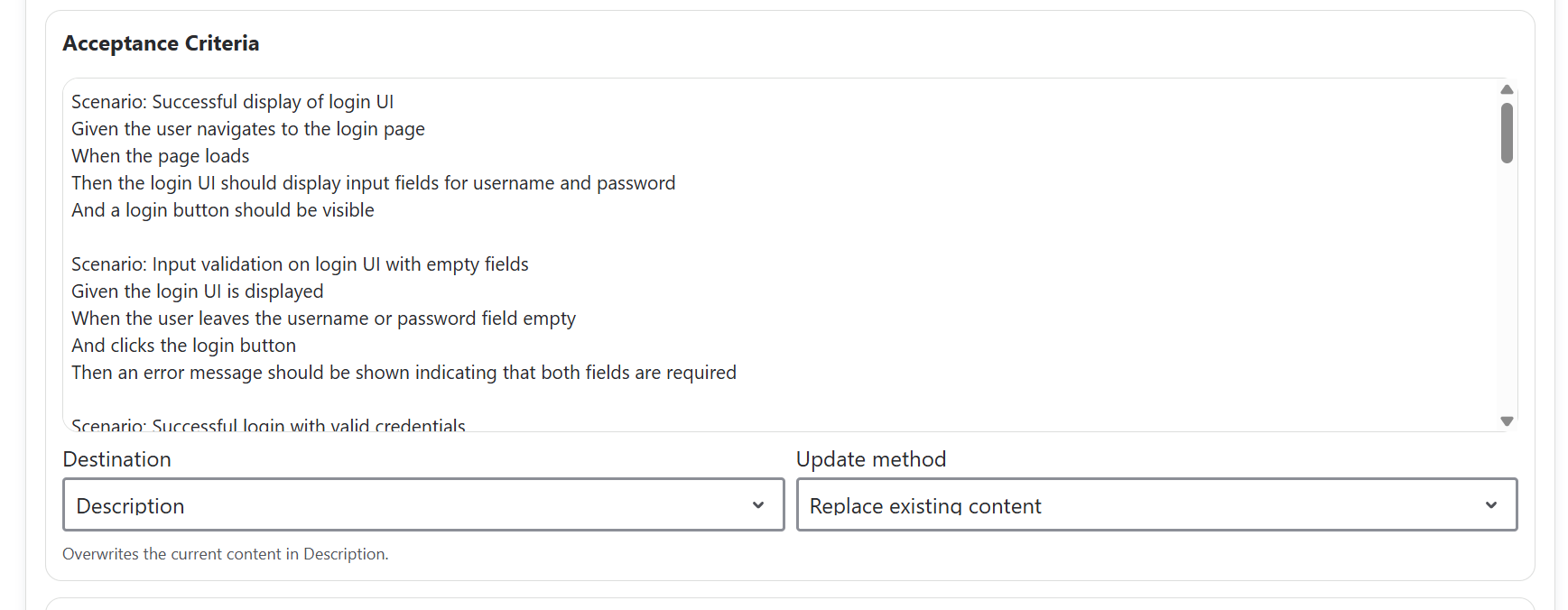 Generated acceptance criteria section with destination and update method controls.