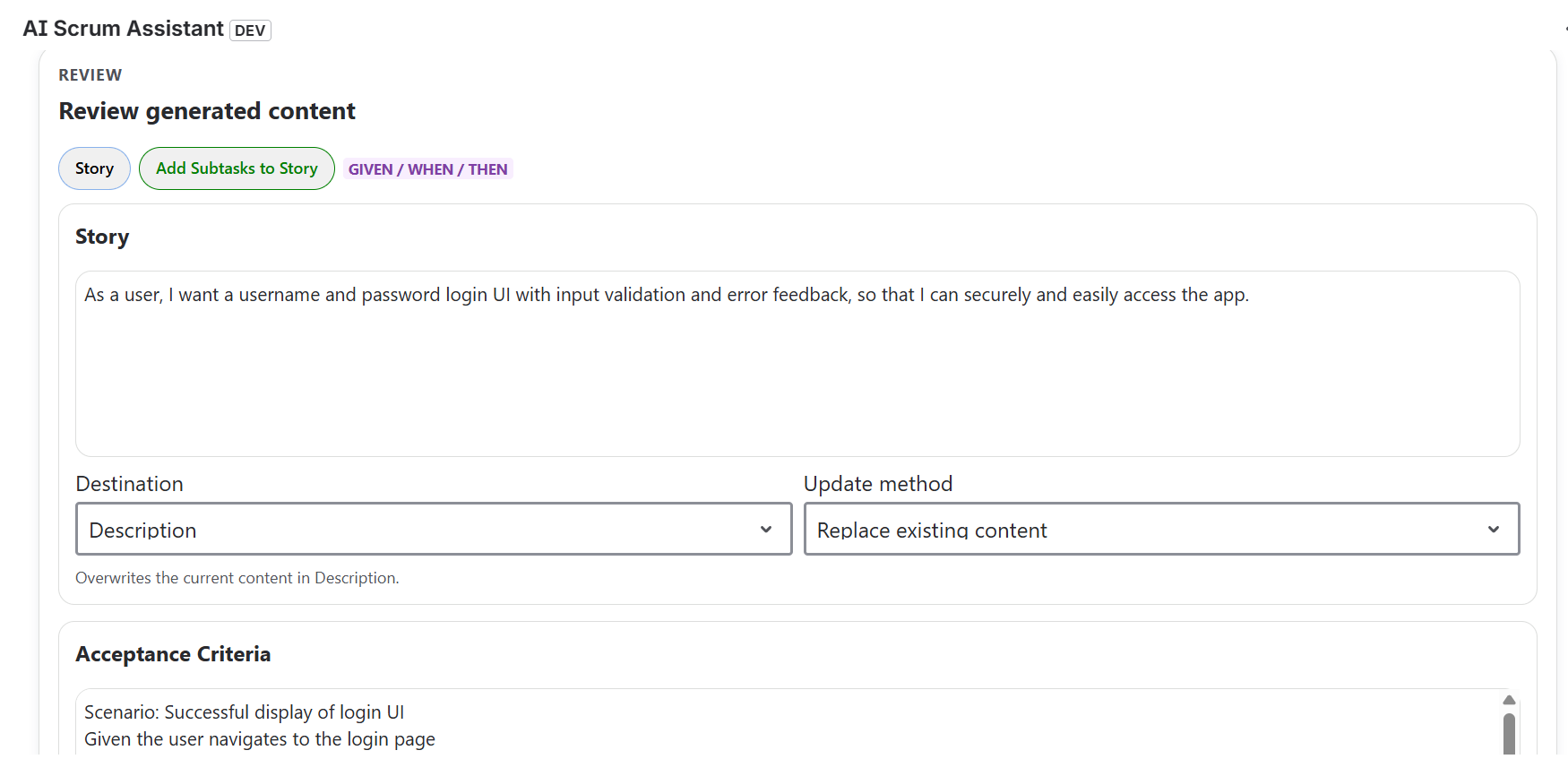 Generated story section with destination and update method controls.