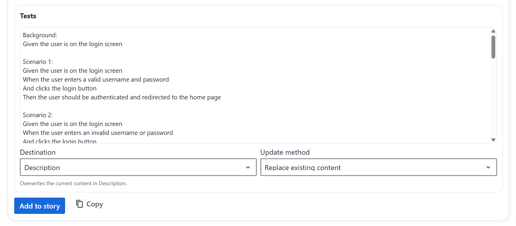 Generated tests section with destination and update method controls.